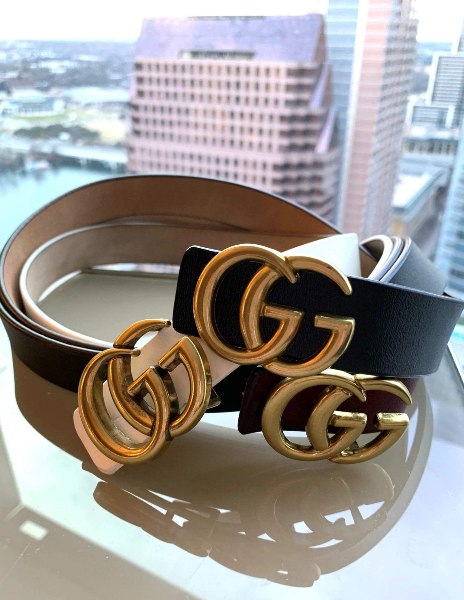 Double Sided Black-Black Leather Belt Gl Gold Buckle+ Gift H
