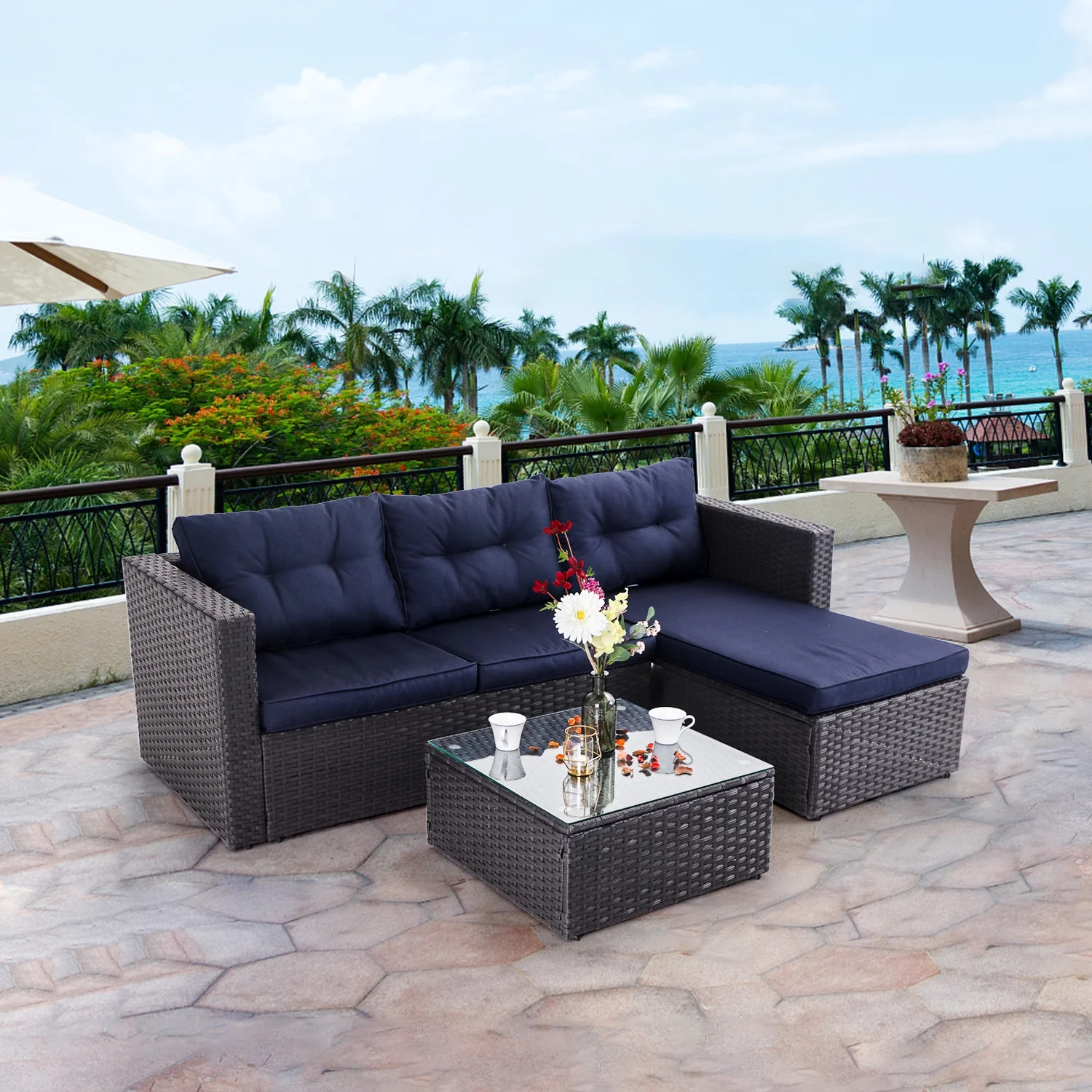 MF Studio 3 Piece Outdoor Rattan Sectional Sofa- Small Patio Wicker Furniture Set (Blue) | Walmart (US)