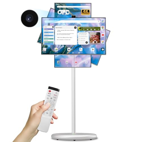 OFD 27 In Portable TV on Wheels 2nd Gen 1080P,Android 15 OS,6GB RAM+128GB ROM,100%sRG Swivel Rotation Smart Touchscreen,Rolling TV with 4K Webcam,USB-A-Remote,9000mAh Battery,EDLA-Certified,Off White | Amazon (US)