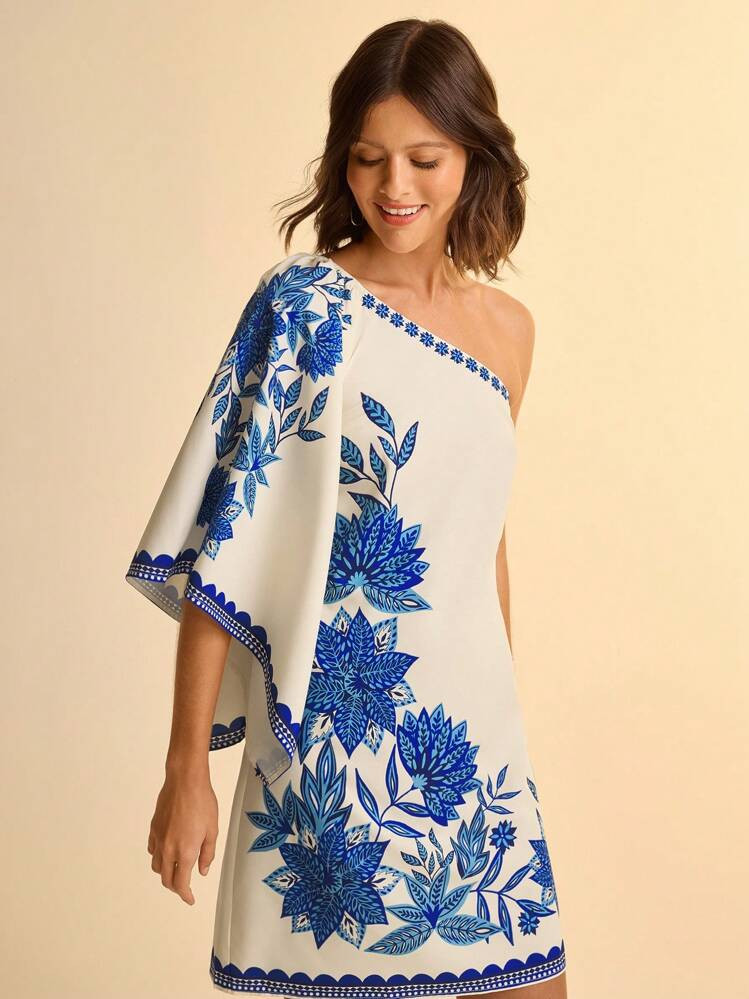 CAJUNI Short Vacation Casual Print Asymmetrical Neck Dress, Blue Vacation Dress | SHEIN