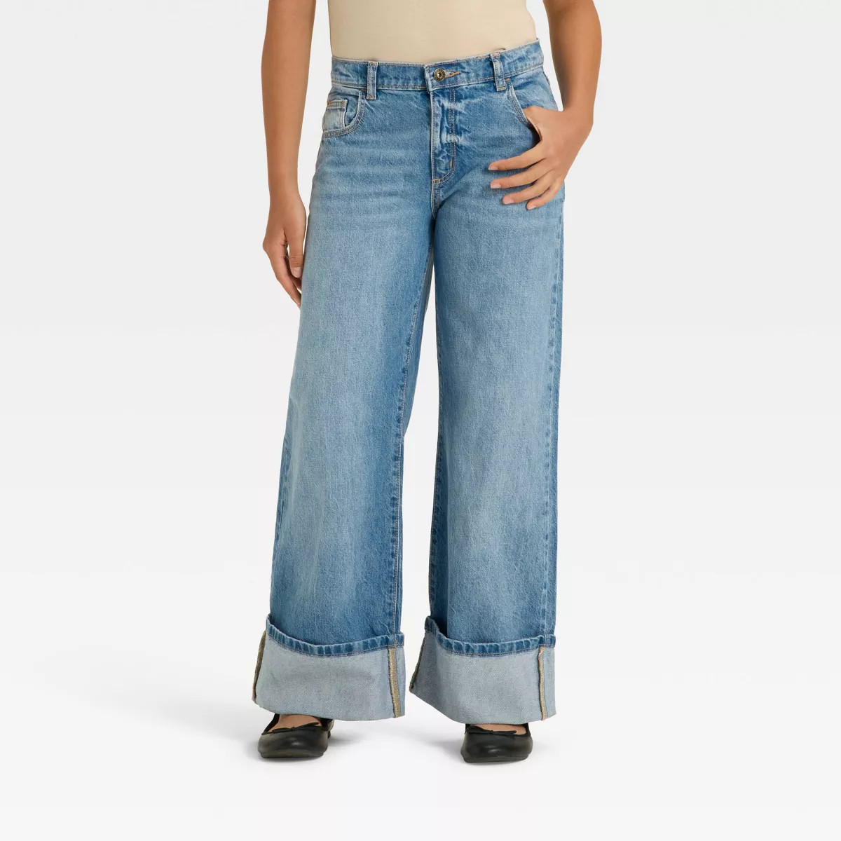 Girls' Mid-Rise Loose Slouchy Wide Leg Rolled Cuff Jeans - art class™ Light Wash 7 | Target