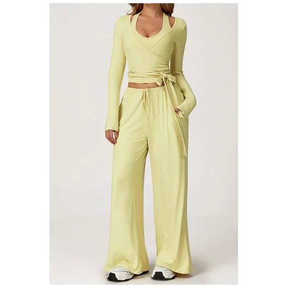 PISONIC Women Ballet Wrap Tops Sets Athletic Pilates Tie Front Long Sleeve Shirt Sets Yoga Cross ... | Walmart (US)