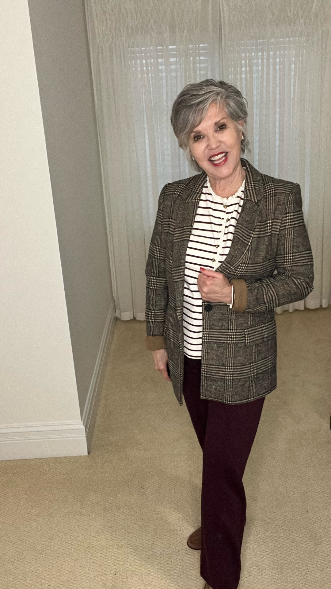 Are you a fan of a bit of pattern mixing? I am! I think it’s so interesting! I took a striped Henley and added burgundy Ponte pants (travel well! no creasing!) and complete the look with a glen plaid blazer and classic silver jewelry. Don’t forget some texture with these brown suede (comfy and stylish) loafers! 

#LTKootd #LTKdayinmylife #LTKWorkwear