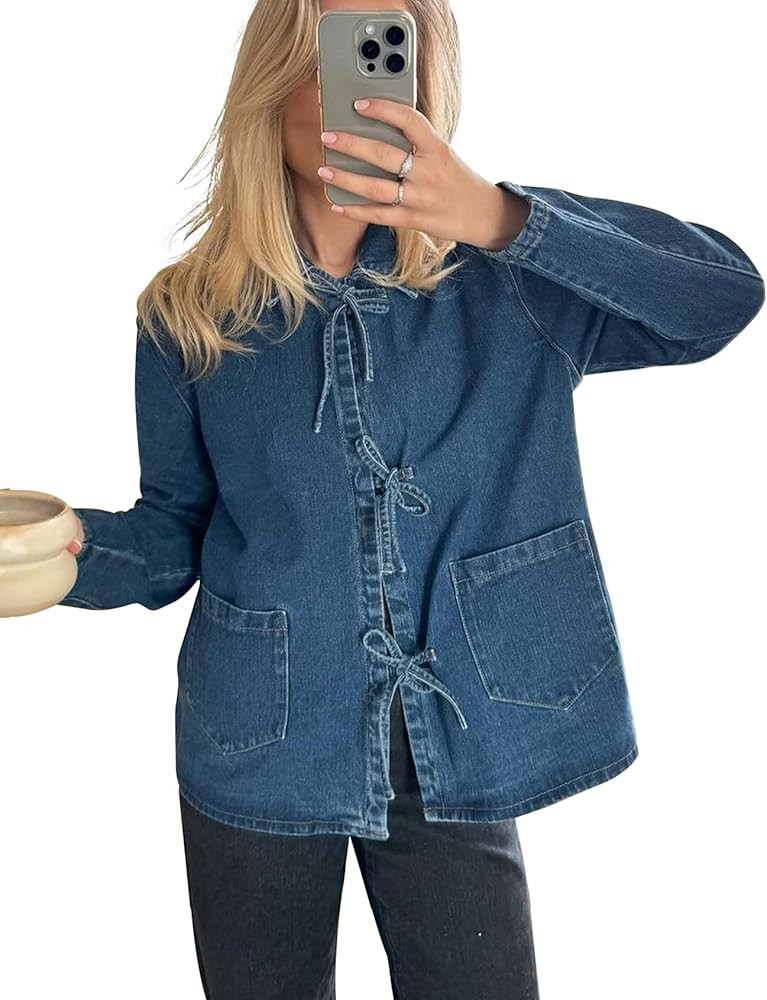PEHMEA Women's Denim Bow Lace Up Long Sleeve Top Casual Jean Shirts Stand Collar with Pocket Blou... | Amazon (US)