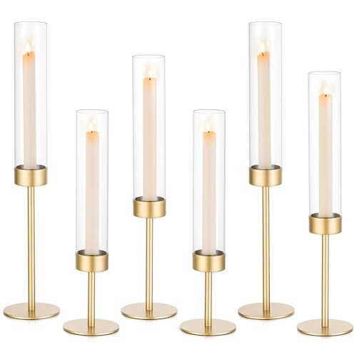 Sziqiqi Hurricane Candle Holders for Wedding: 6 Pcs Gold Candlestick Holders Table Centerpiece - Taper Candle Sticks Holder for Christmas Party | Amazon (US)