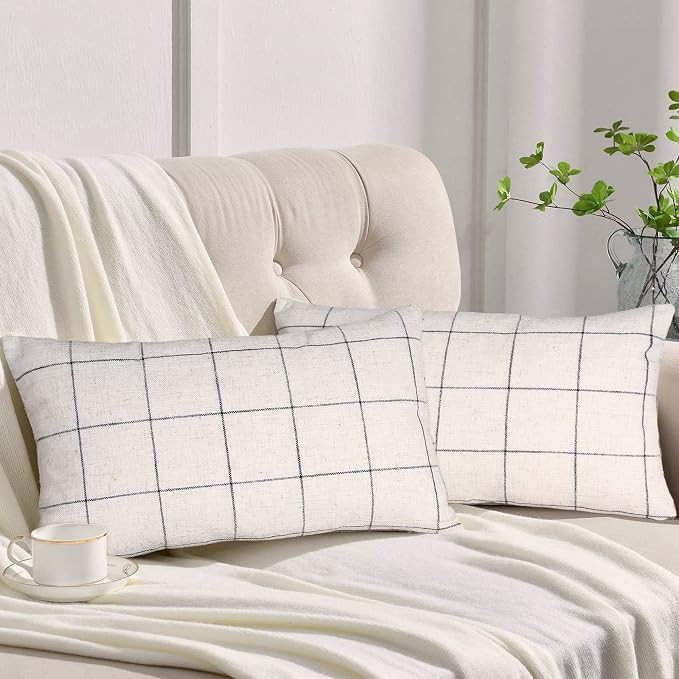 Set of 2 Plaid Throw Pillow Covers Modern Farmhouse Decorative Linen Pillow Case for Sofa Couch C... | Amazon (US)