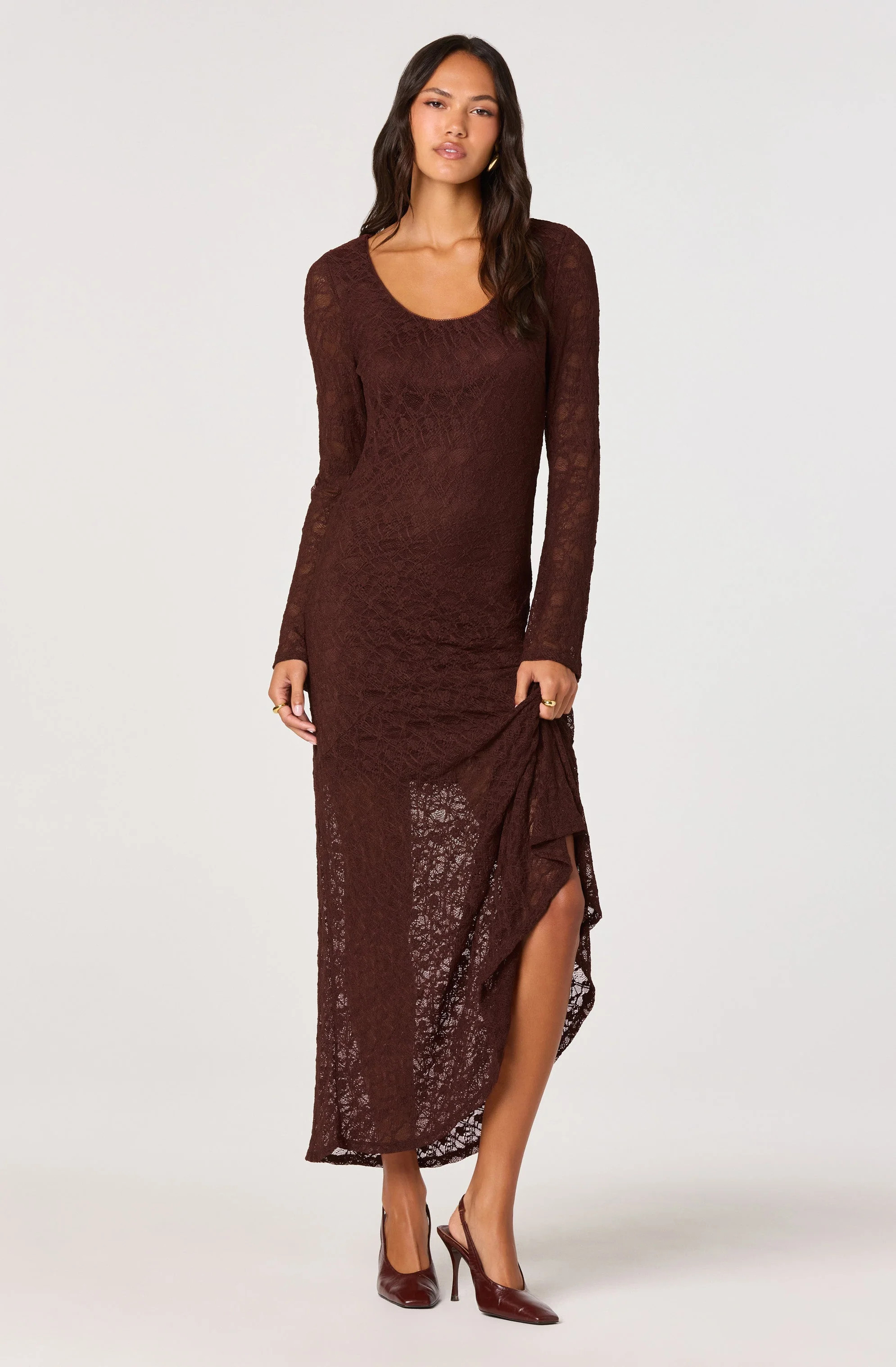 Long Sleeve Lace Maxi Dress - Chocolate brown / XS | ASTR The Label (US)