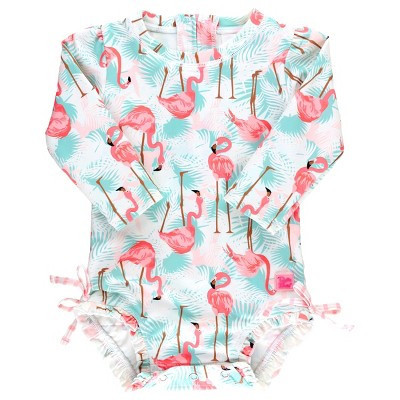 RuffleButts Baby Long Sleeve One Piece Rash Guard - Vibrant Flamingo, Size : 3T | Target