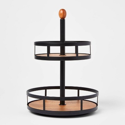 Wood 2-Tier Round Spice Rack - Threshold™: Revolving Black Organizer, Freestanding Seasoning Holder, Wood & Steel | Target