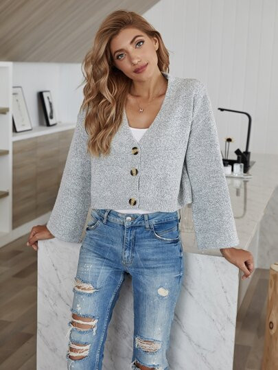 Heather Gray Button Up Crop Cardigan | SHEIN