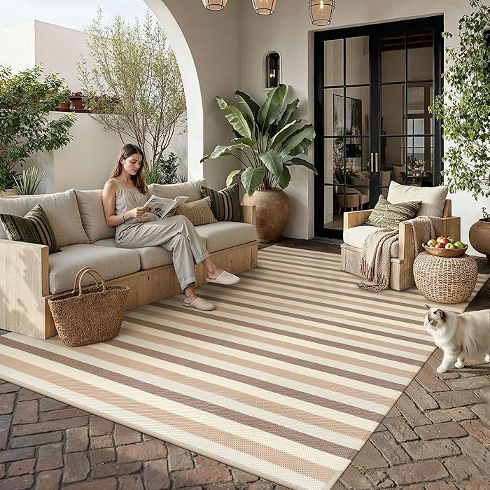 PureCozy Outdoor Waterproof Patio Rug 8x10 Plastic Straw Reversible Outside Brown Colorful Stripe... | Amazon (CA)