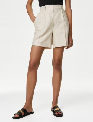 Linen Blend High Waisted Pleat Front Shorts | M&S Collection | M&S | Marks & Spencer IE