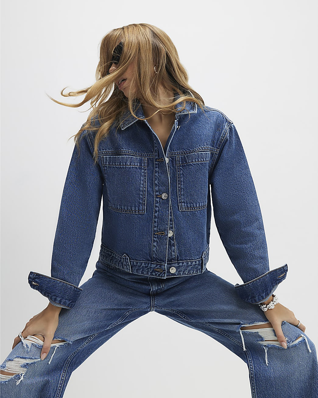 Blue Denim Long Sleeve Pocket Jacket | River Island UK & IE