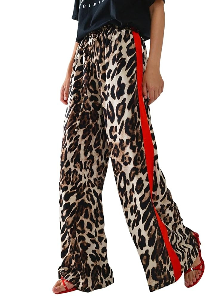 Women's Casual Pants Drawstring Leopard Print Color Block Side Striped Straight Leg Wide Leg Loos... | Amazon (US)