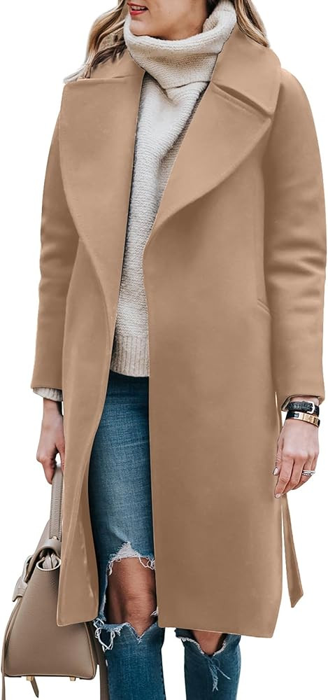 BZB Women's Long Wool Blend Pea Coat Winter Casual Overcoat Notched Lapel Collar Trench Coat Belt... | Amazon (US)