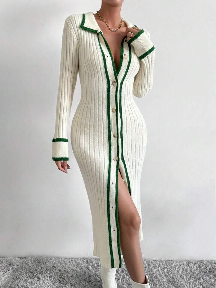 SHEIN Privé Striped Trim Button Front Sweater Dress | SHEIN