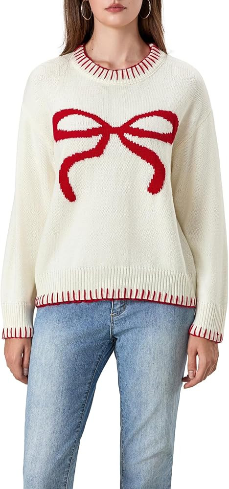 Women Bow Sweater Y2k Crewneck Long Sleeve Knitted Pullover Teen Girls Oversized Sweaters Cute Fa... | Amazon (US)