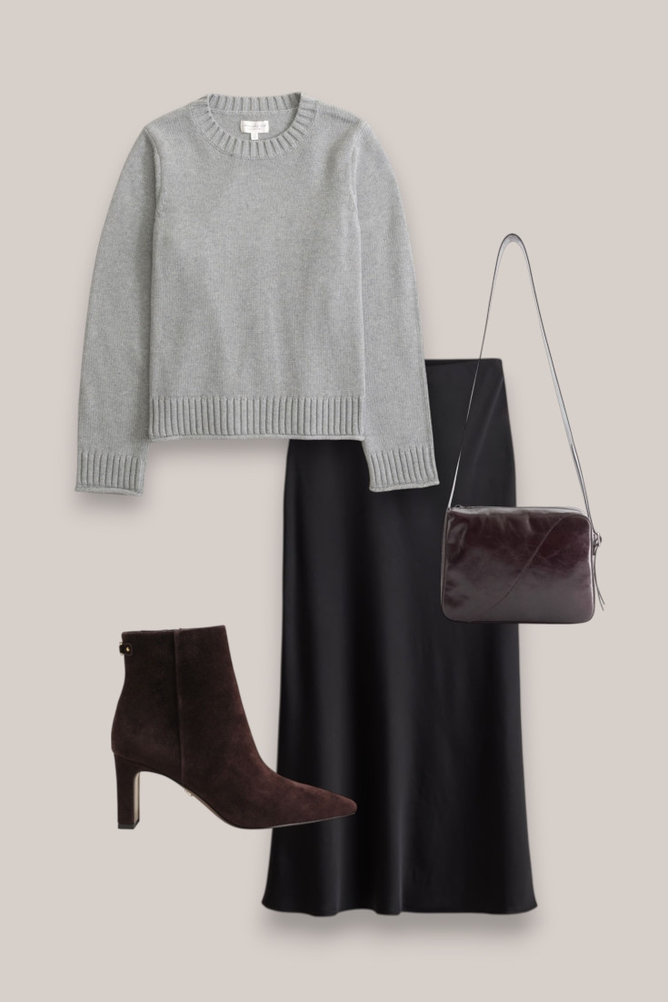 Grey knit + black satin skirt + brown ankle boots
Simple fall styling with a satin maxi skirt. I love the contrast of the dressier black skirt with a cozy grey knit and chocolate brown ankle boots.

#LTKautumn #LTKdatenight #LTKstyletip