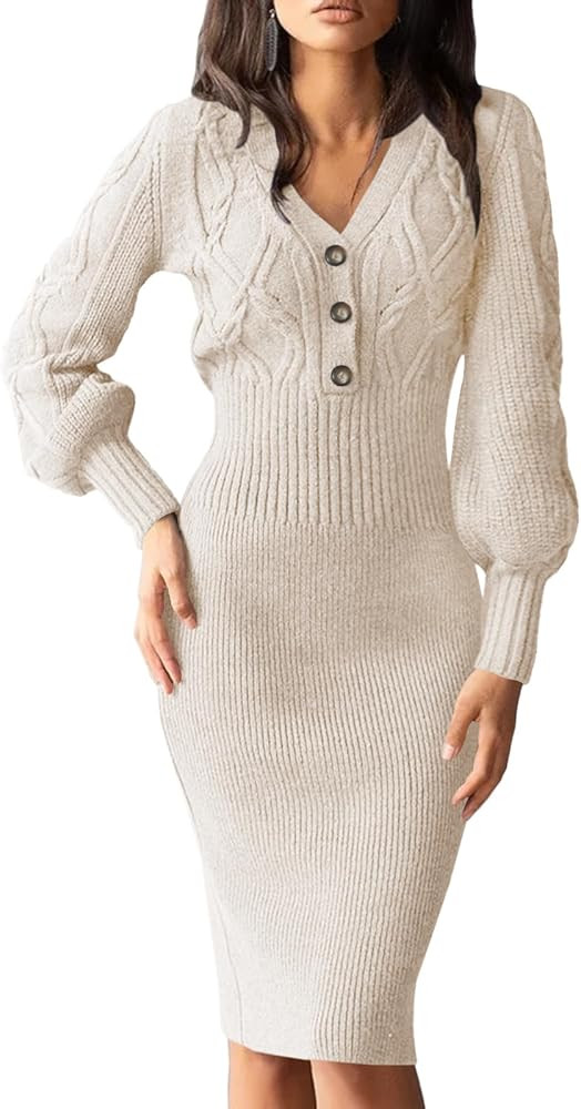 Cicy Bell Damen Pulloverkleid V-Ausschnitt Knielang Strickkleid mit Knopf Sexy Laterne Langarm Kl... | Amazon (DE)