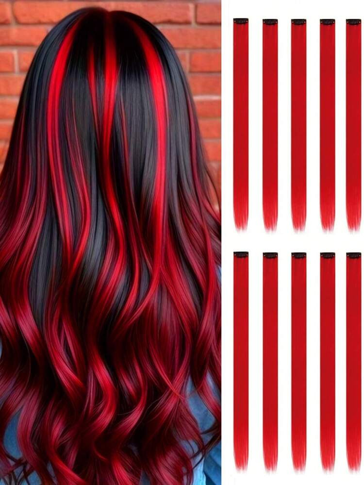 10pcs Colored Clip In Synthetic Hair Extensions, 20inches Straight Hairpieces, Halloween Party Christmas New Year Gift For Women Kids Girls, Red | SHEIN