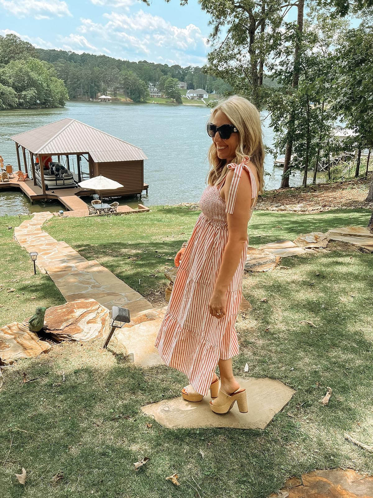 Sexyasasii Striped Dress for Women 2023 Summer Square Neck Tie Shoulder Smocked A Line Beach Vaca... | Amazon (US)