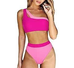 RXRXCOCO Women One Shoulder High Waisted Bikini Set Color Block High Cut 2 Piece Swimsuit Bathing... | Amazon (US)