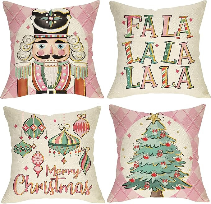 Merry Christmas Tree Nutcracker Decorative Throw Pillow Covers 18 x 18 Set of 4, Pink Xmas FA La ... | Amazon (US)