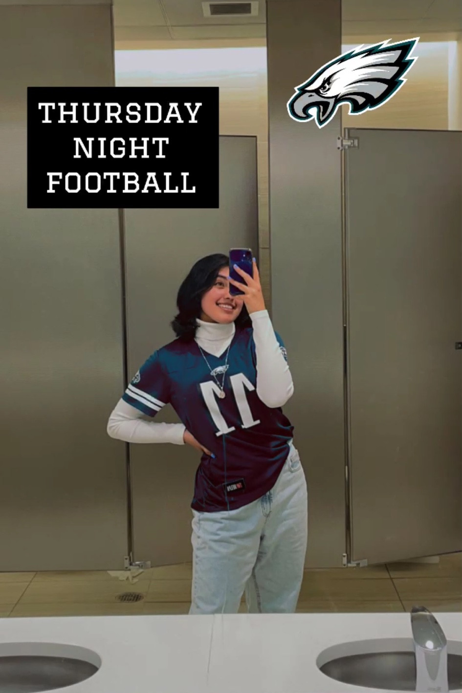 Philadelphia eagles jersey wentz football white ribbed turtleneck high rise distressed blue white baggy jeans fall combo layering nfl shop official 

#LTKfit #LTKsalealert #LTKSeasonal