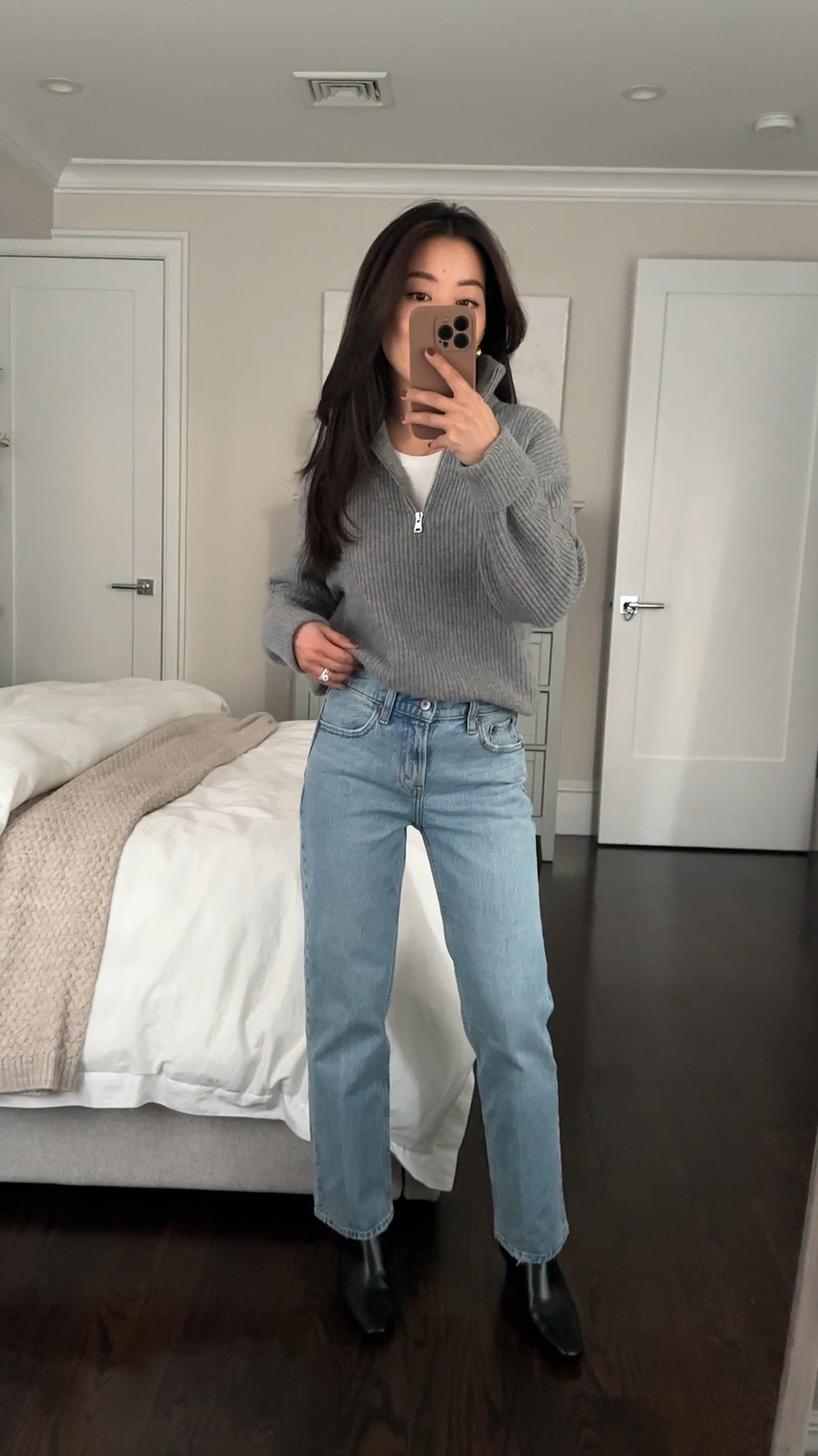 • jeans 24 Extra Short medium wash 

These are mid rise, low stretch denim. Classic vintage inspired fit and cut. 24 has a little room at my waist.

If you prefer high rise, check the ultra high rise ankle straight linked under similar and see my recent video showing the fit. I take 25 Short in that style bc it’s an ankle style and runs shorter (compared to 24 Extra Short in these)

• sweater is quince fisherman half zip ribbed XS. Comfortable cozy medium weight. This and the crewneck version are great staples -  nice quality and feels luxurious for everyday. 

Same sweater also comes in merino wool version for a lower price point (linked under similar)

• Madewell boots runs slightly narrow. Their sister brand jcrew makes a similar Stevie style 

• ended up adding the Madewell triple metal belt with silver hardware after this video #LTKMostLoved

#LTKFindsUnder100 #LTKPetite