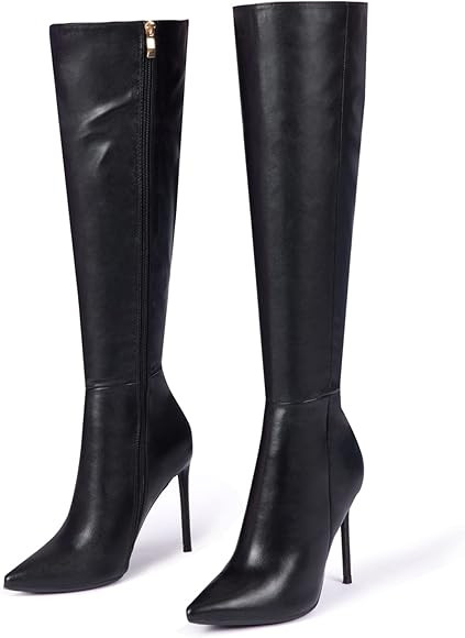 Elisabet Tang Women's Knee High Booties,4 inch Stiletto Heel Pointed Toe Wide Calf Boot Faux Leat... | Amazon (US)