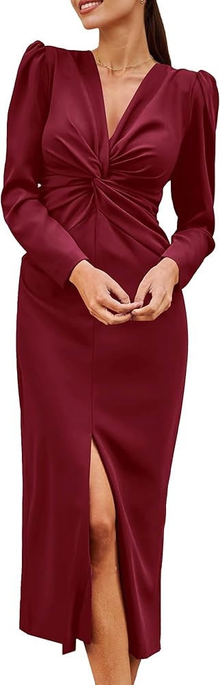 PRETTYGARDEN Women's Spring Fall Fashion Long Puff Sleeve Maxi Dresses V Neck Twist Front Formal ... | Amazon (US)