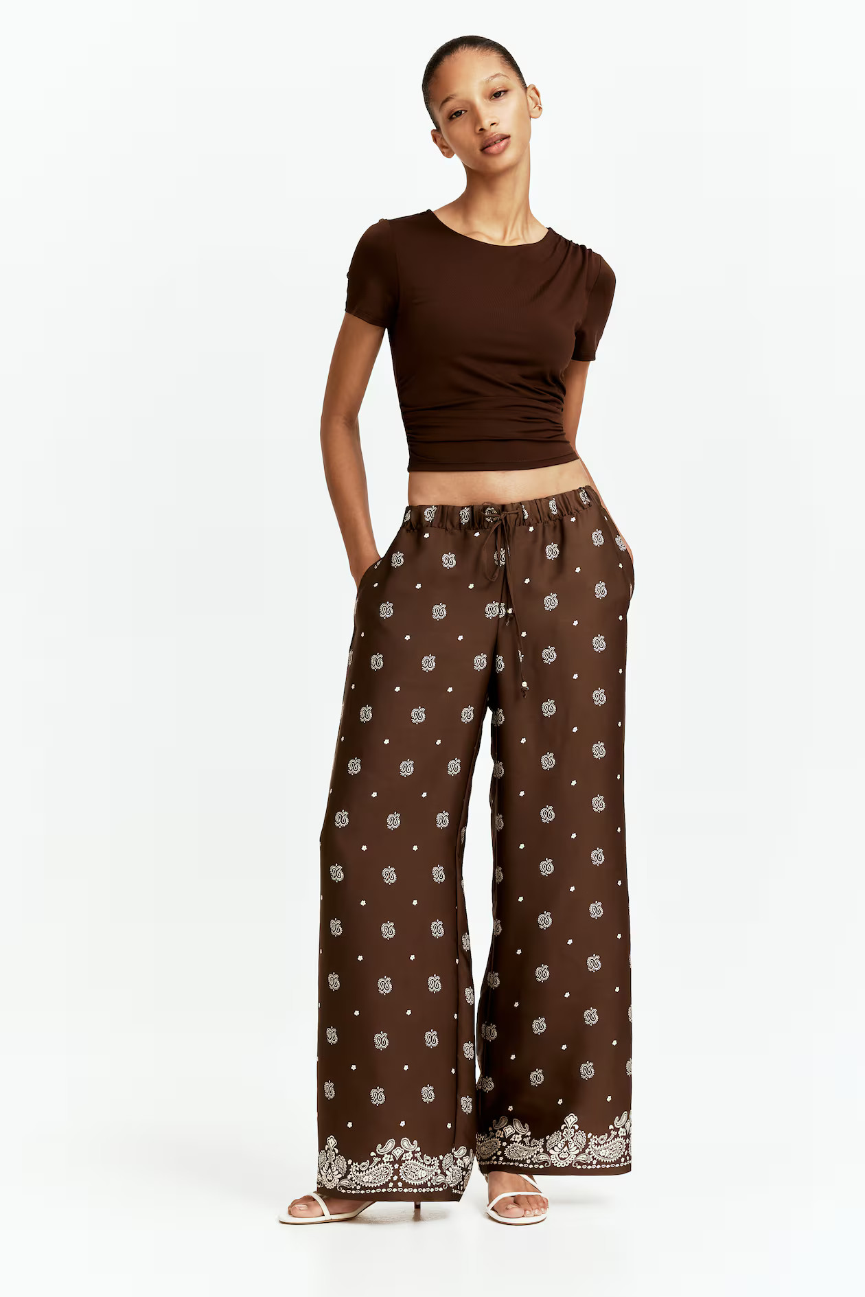 Wide drawstring trousers - Brown/Paisley-patterned - Ladies | H&M GB | H&M (UK, MY, IN, SG, PH, TW, HK)