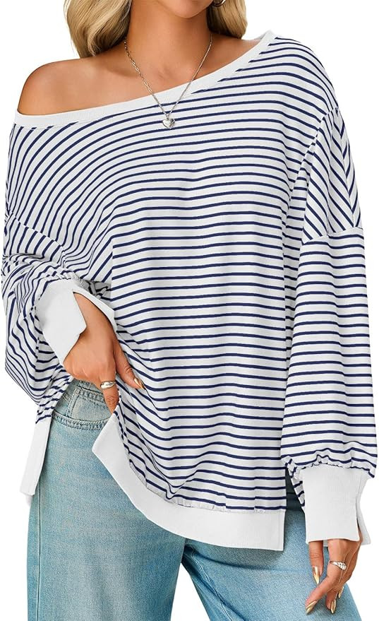 Tankaneo Womens Striped Oversized Sweatshirt Off The Shoulder Lantern Long Sleeve Top Split Fall ... | Amazon (US)
