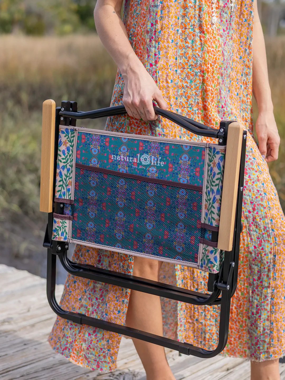 Portable Outdoor Folding Chair - Light Turquoise Flower | Natural Life