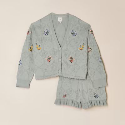 Girls green knitted cardigan and short outfit | River Island (UK & IE)