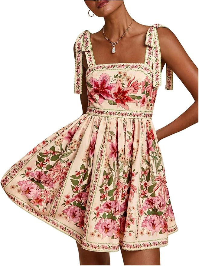 OYOANGLE Women's Floral Sleeveless Boho Beach Dress Tie Shoulder Summer Short Dress Flowy A Line ... | Amazon (US)