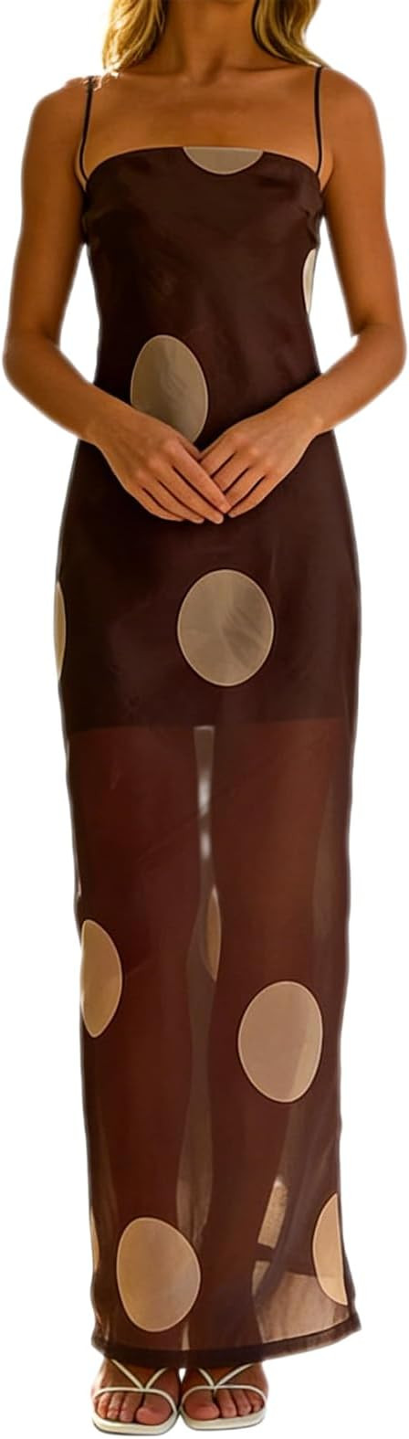 Women Spaghetti Strap Maxi Dress Polka Dots Mesh Patchwork Sleeveless Backless Cami Long Dress Su... | Amazon (US)