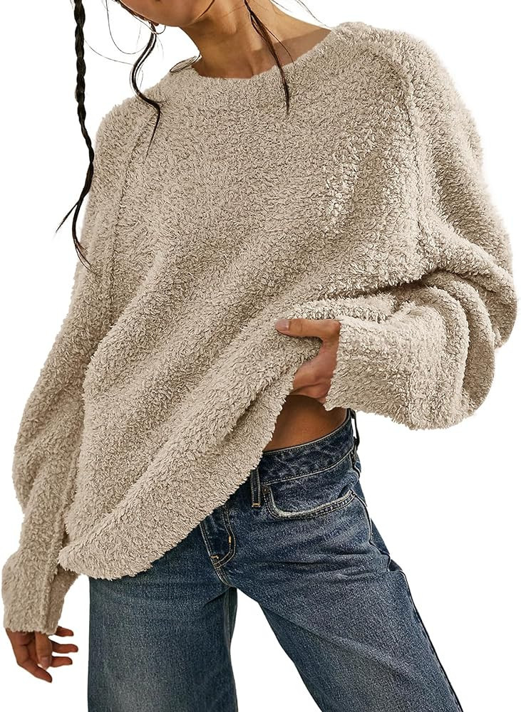 Beaully Women's Oversized Long Sleeve Crewneck Fuzzy Knit Warm Sweaters 2023 Fall Side Slit Pullo... | Amazon (US)