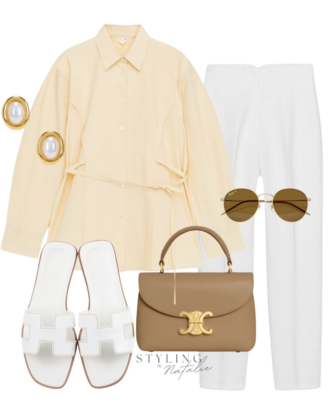 Spring summer outfit- yellow tie waist shirt, white high waist trousers, Celine bag and white sandals. Butter yellow, Arket, Zara, high street, summer fashion

#LTKeurope #LTKuk #LTKspring