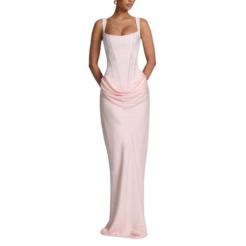 Women\u2019s Square Neck Back Lace-Up Satin Drape Hem Maxi Dress Draped Mermaid Skirt Fitted Eleg... | Amazon (US)