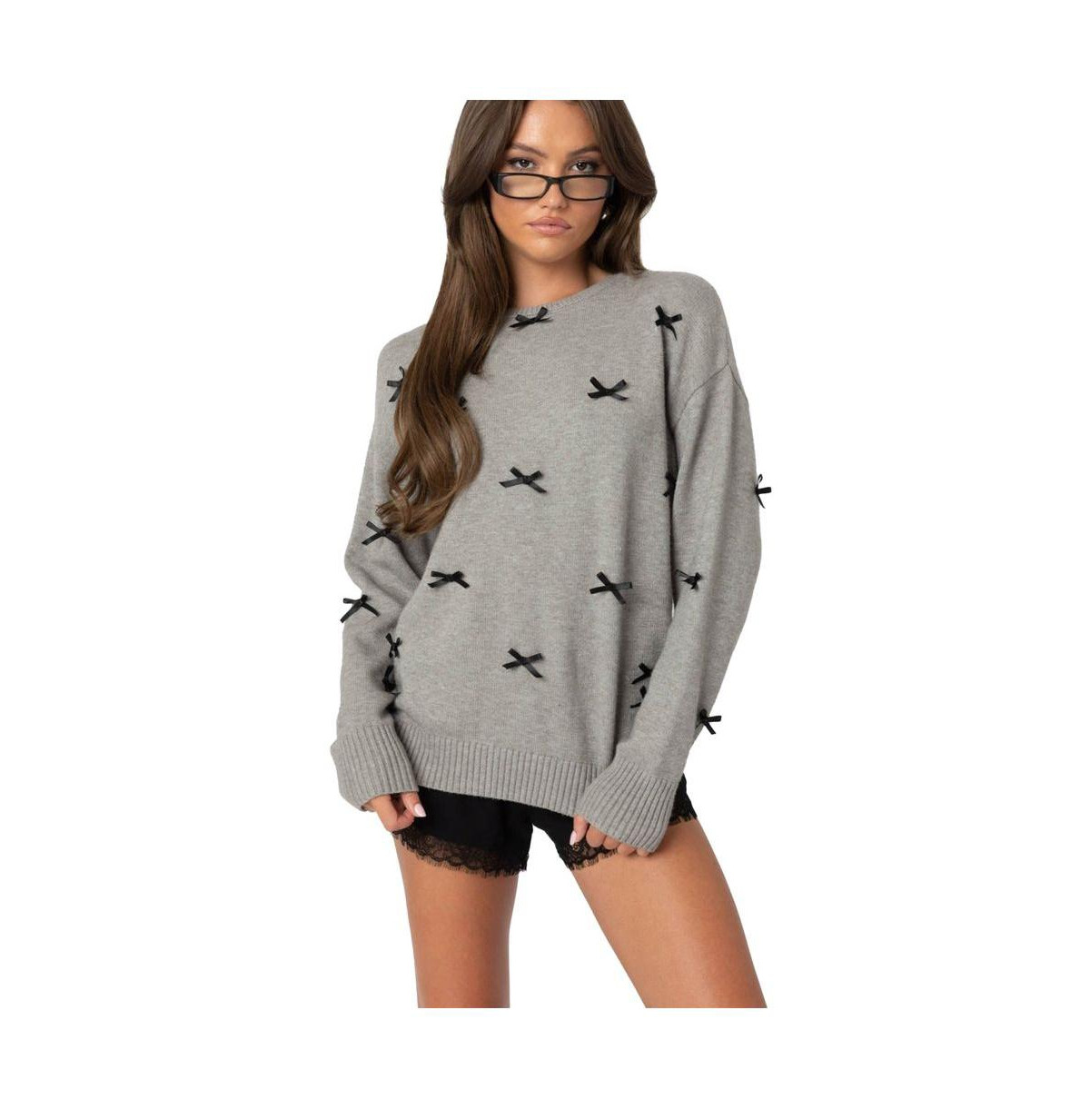 Edikted Women's Satin Bow Oversized Sweater - Gray-melange | Macy's