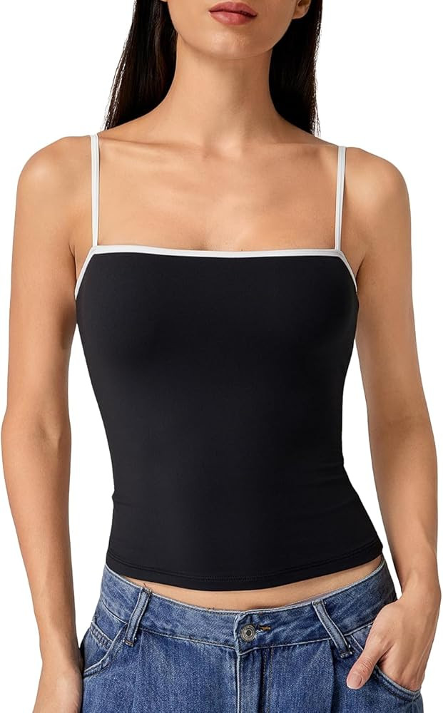 QINSEN Women's Double Lined Basic Tank Top Adjustable Spaghetti Straps Sleeveless Camisole Shirts | Amazon (US)