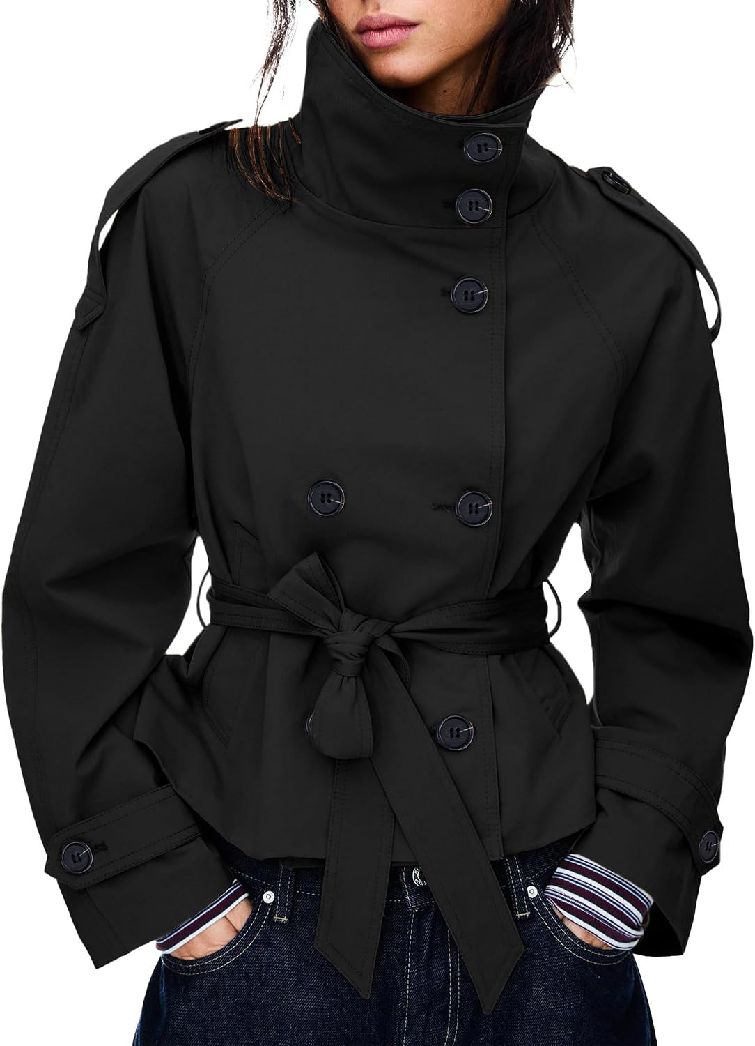 Women's Cropped Trench Coat Double Breasted Short Jacket High Collar Fall Winter Coats Trendy Outfit with Belt | Amazon (US)