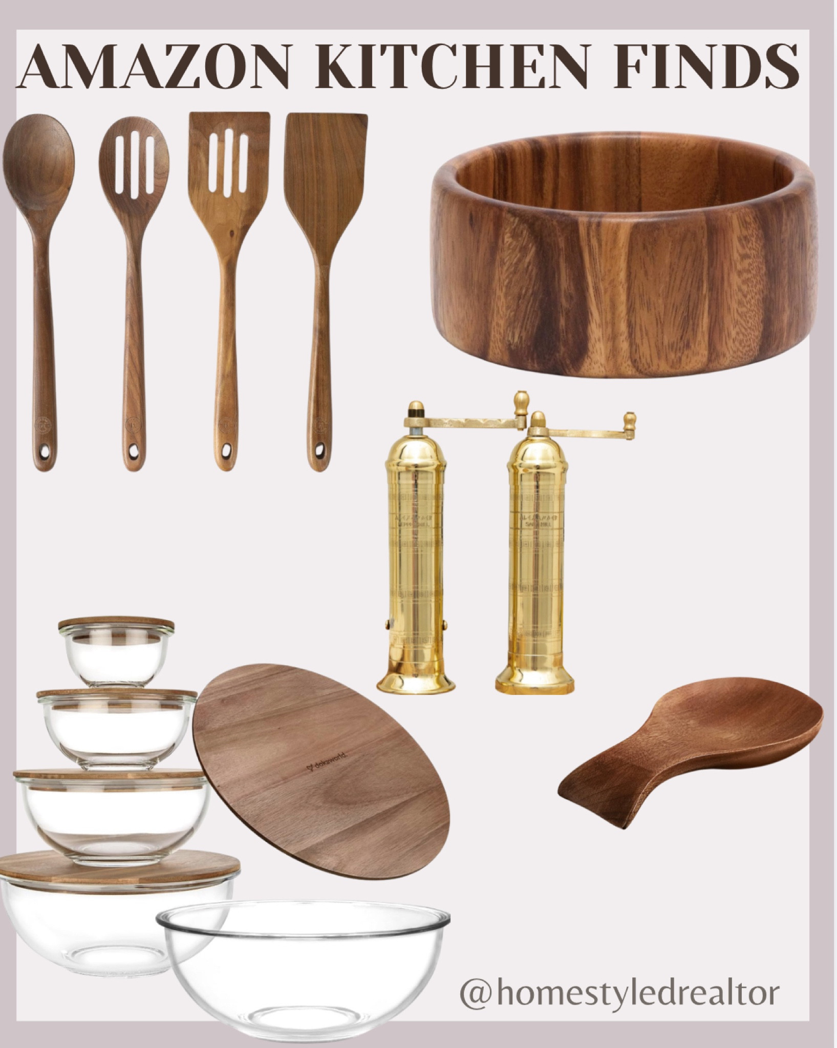 Amazon kitchen finds 

Wood utensils, salt and pepper mills
Glass mixing bowls 

#LTKHome #LTKParties #LTKFamily