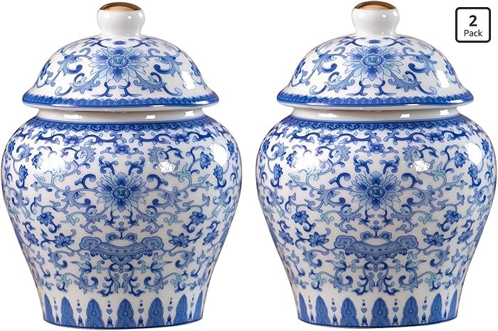 2 Pcs Chinoiserie Blue and White Porcelain Mini Ceramic Ginger Jars with Lid Ancient Chinese,Orie... | Amazon (US)
