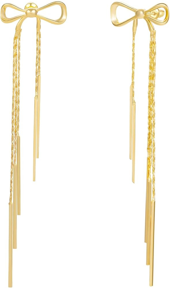 Gold Bow Earrings for Women Dainty Ribbon Bow Stud Earrings Gold Dangle Drop Tassel Earrings Long... | Amazon (US)
