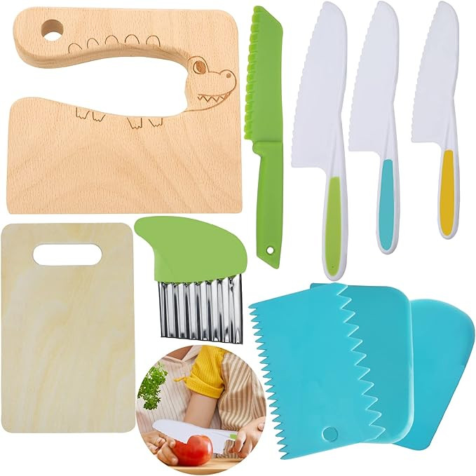 KOLODOGO 10 Pieces Wooden Kids Kitchen Knife Set, Include Wood Kids Knife Plastic Potato Slicers ... | Amazon (US)