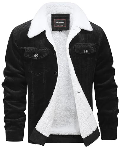 Fuwenni Men's Corduroy Sherpa Lined Warm Jacket Winter Thick Thermal Cargo Jackets Coat Black XL | Amazon (US)