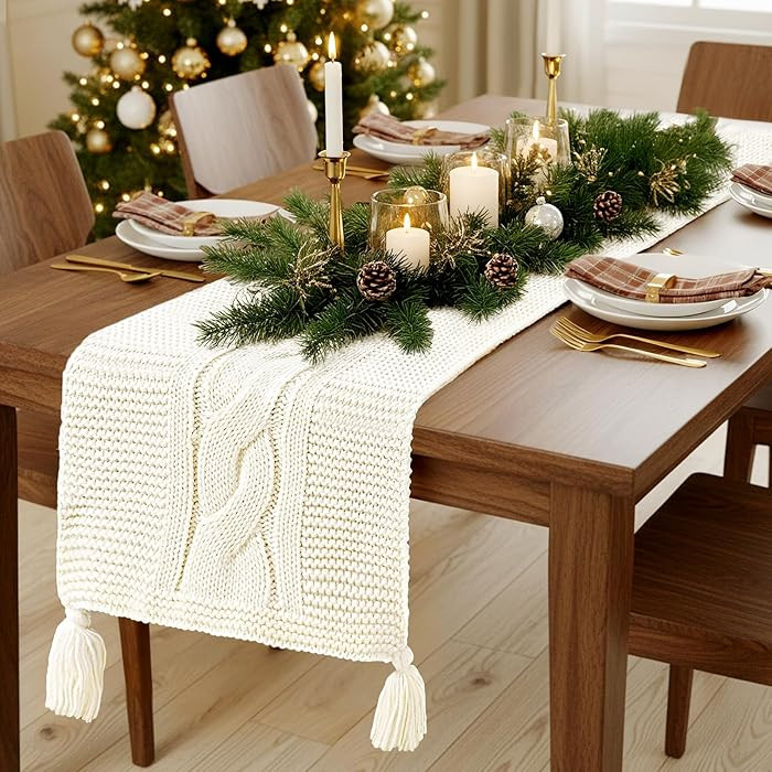 Boho Christmas Table Runner: Cream Table Runner with Tassels, Cable Knitted Runner for Table, Sof... | Amazon (US)