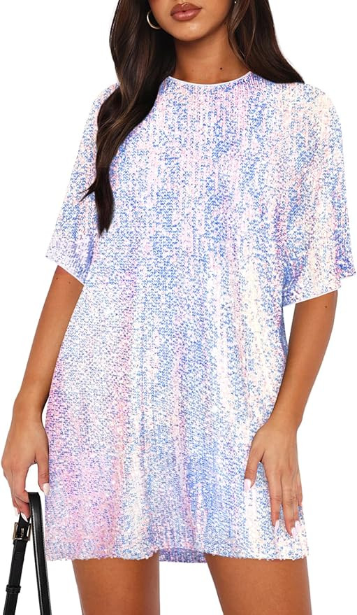 Women's Crew Neck Sequin Dress for Women Sexy V Neck Shirt Dress Sparkly Half Sleeve Loose Party ... | Amazon (US)